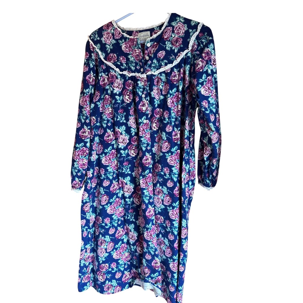Lanz of Salzburg Womens Blue Floral Flannel Long Sleeve Nightgown Lace Trim S